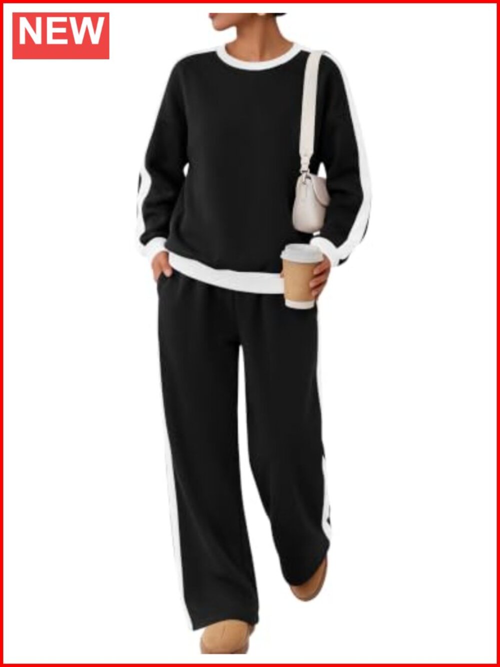 Women's 2 Piece Fleece Lined Sweatsuit Set Oversized Crewneck Wide Leg